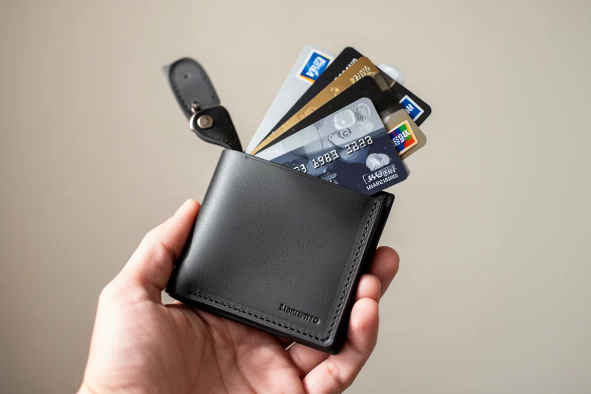 Slim wallet held in hand showing cards cascading upward from the pull tab