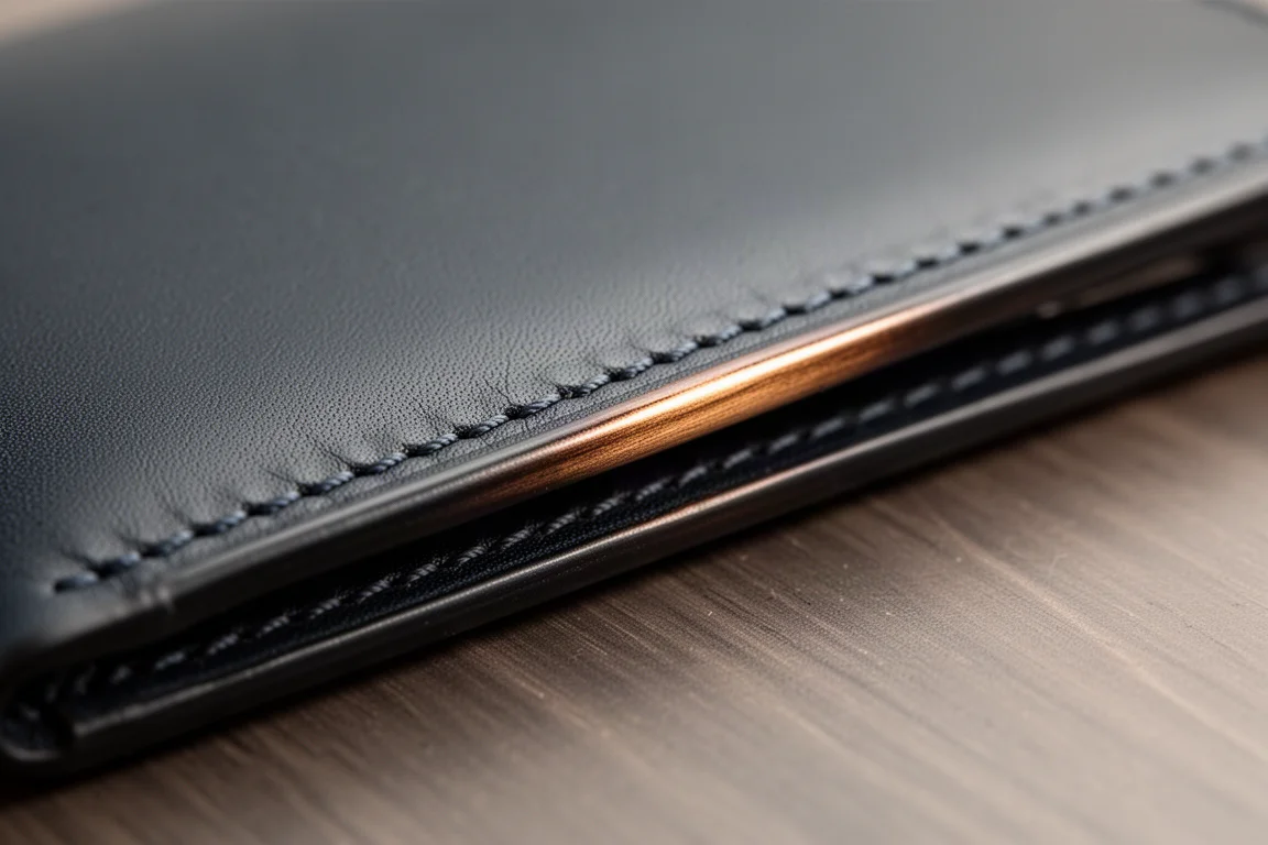 Detail shot of wallet stitching and burnished leather edge