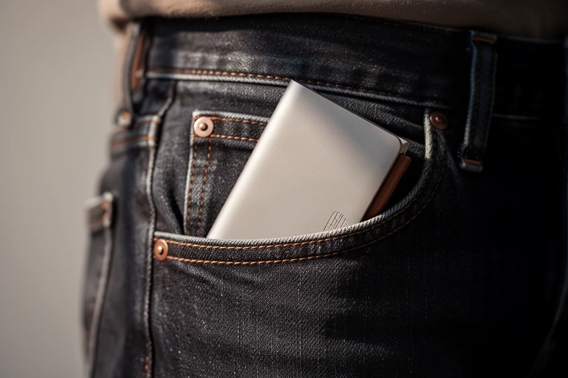 Minimal wallet sliding into a jeans front pocket