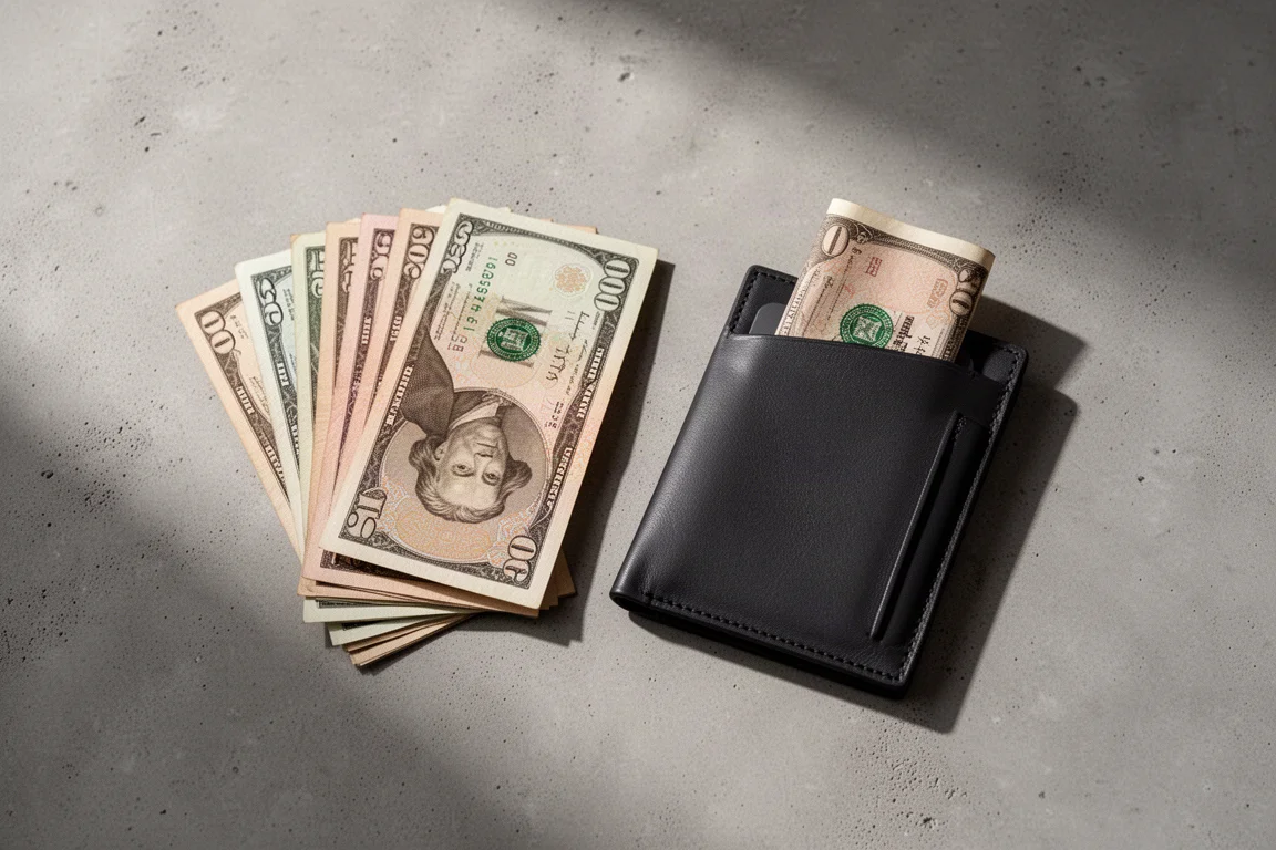Folded banknotes tucked behind a wallet's quick access slot