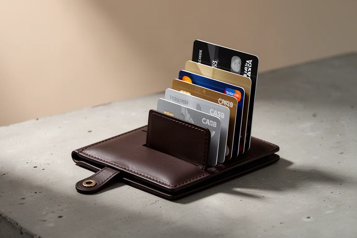 Slim leather wallet with cards cascading upward from a lifted pull tab