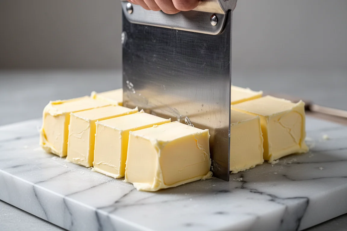 Rechteckiger Teigschaber schneidet einen Block Butter auf einem Brett in gleichmäßige Stücke