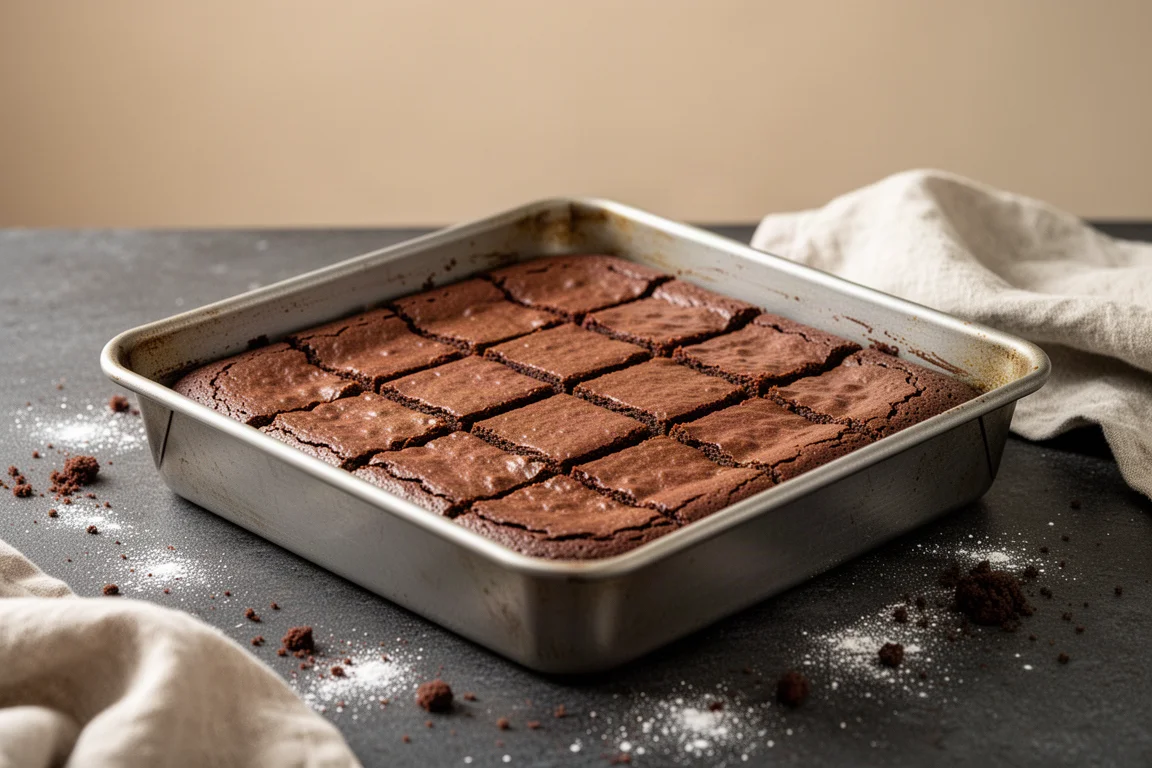 Frisch gebackenes Blech Brownies mit sauberen, geraden Schnitten von einem Schaber