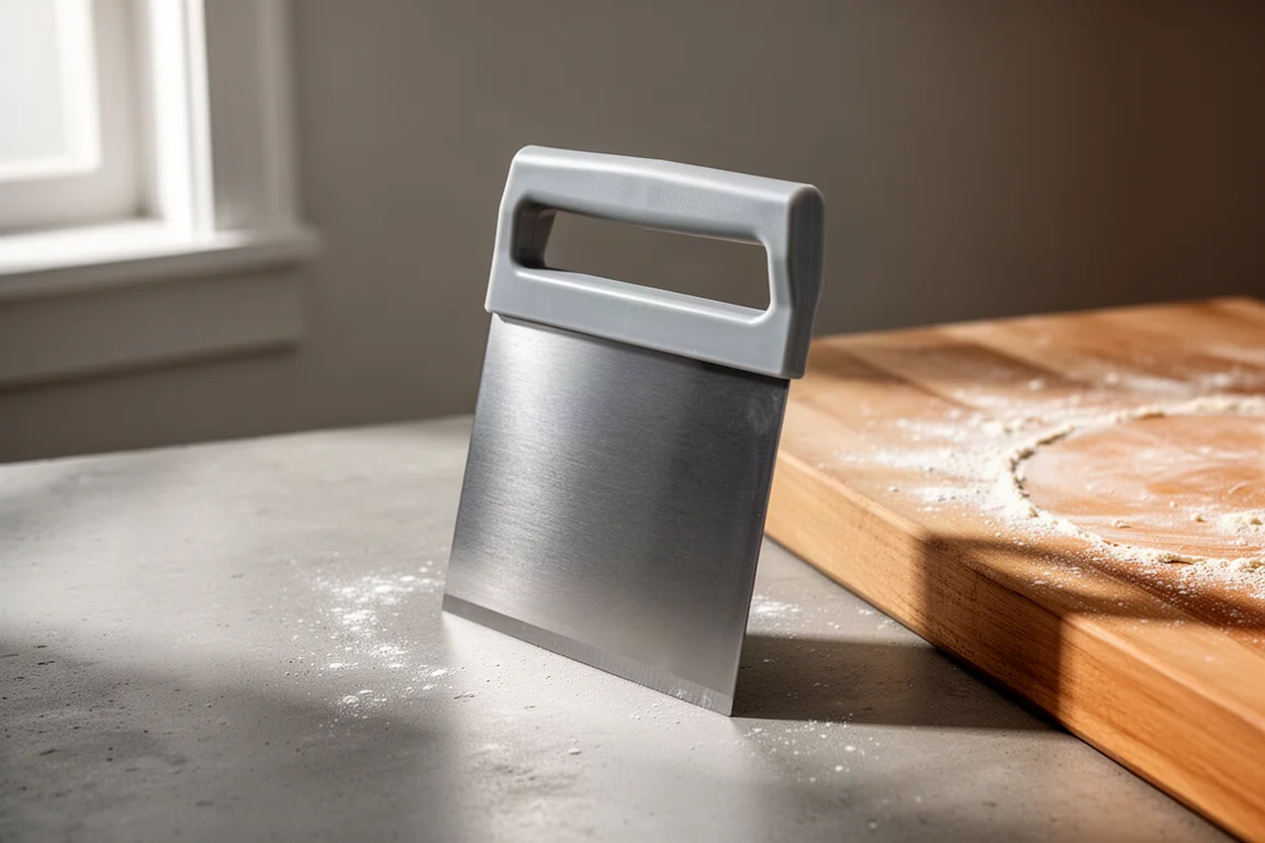 Stainless steel dough scraper with hard plastic handle on a concrete surface
