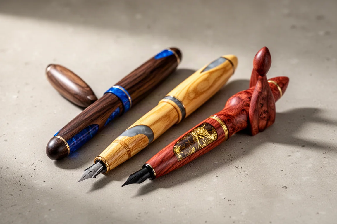 Three handmade wooden fountain pens with resin accents on a concrete surface