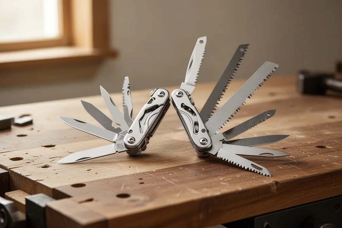Folding multi-tool opened flat showing two blades and an aggressive saw