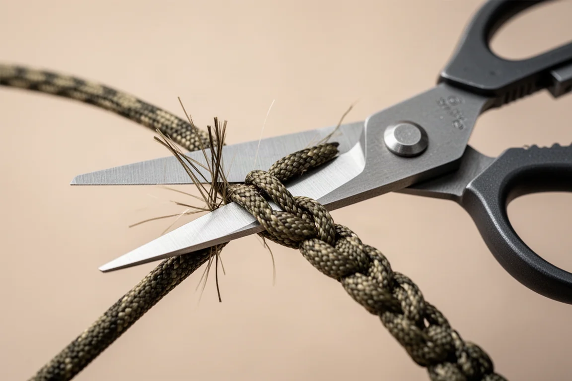 Large multi-tool scissors cutting through paracord strands