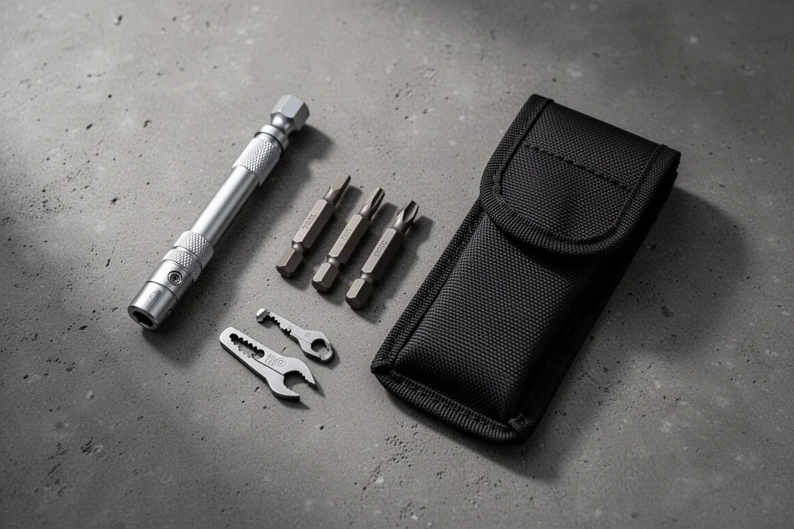 Hex bit driver with detachable bits and spare cutter set on a desk