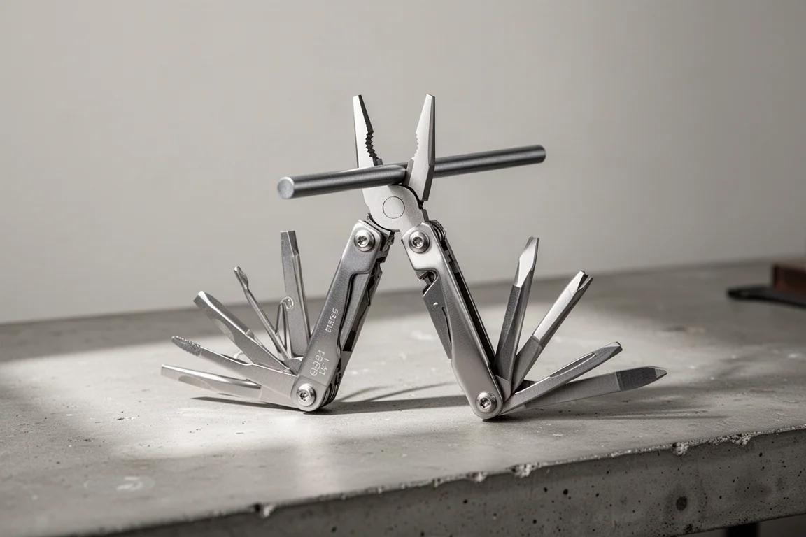 Open multi-tool pliers gripping a small metal rod on a workbench