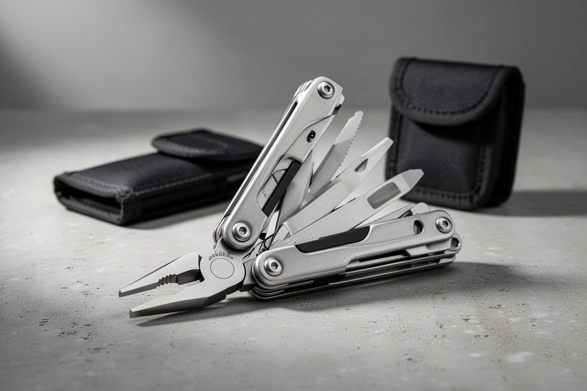 Stainless steel folding multi-tool open on a concrete surface