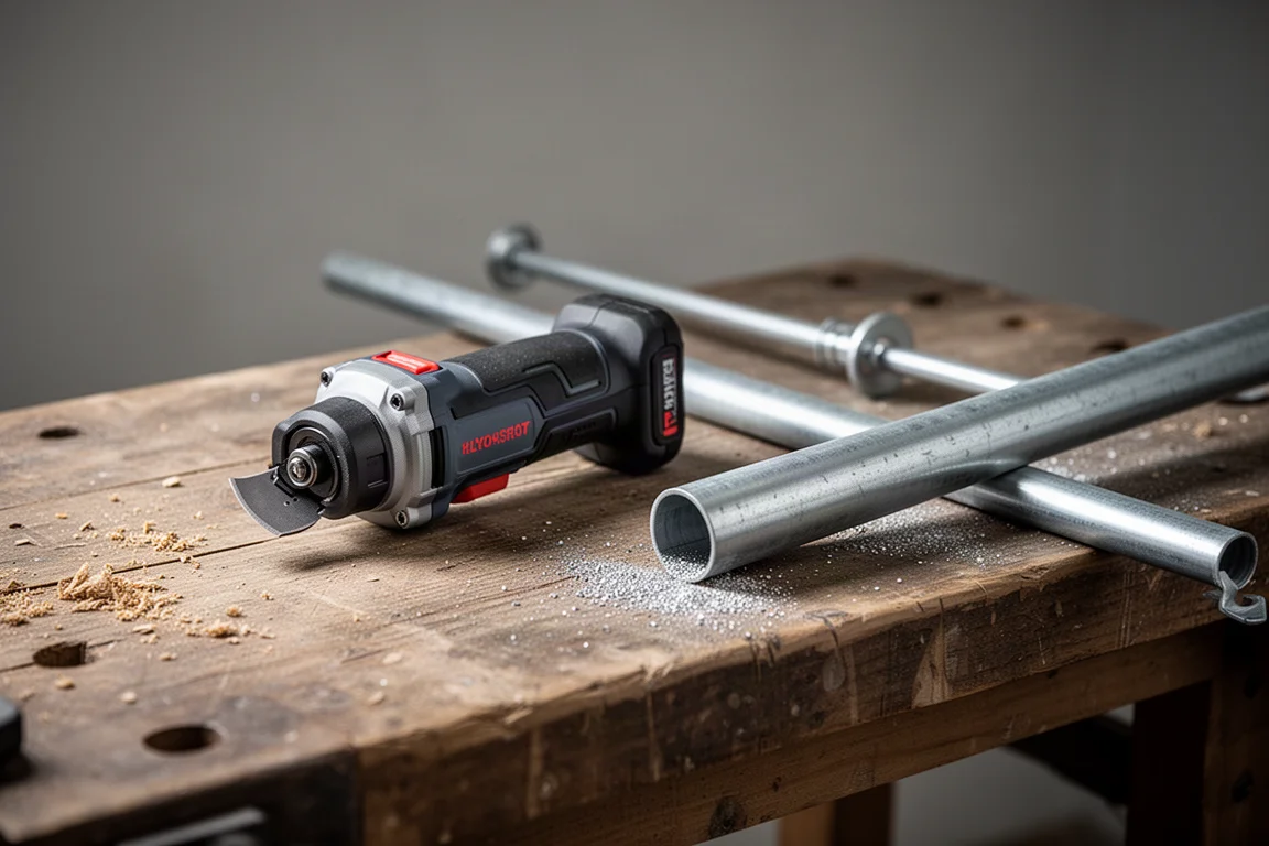 Compact cordless cut-off tool resting on a workbench beside a section of metal conduit