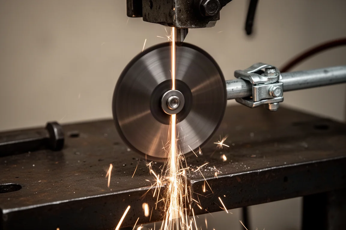 Close-up of a cut-off disc slicing through electrical conduit with sparks flying