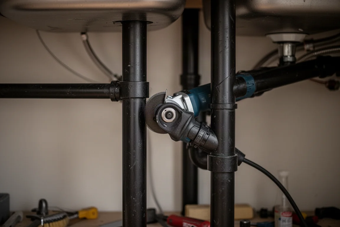 Hand guiding a compact cut-off tool into a tight corner between pipes