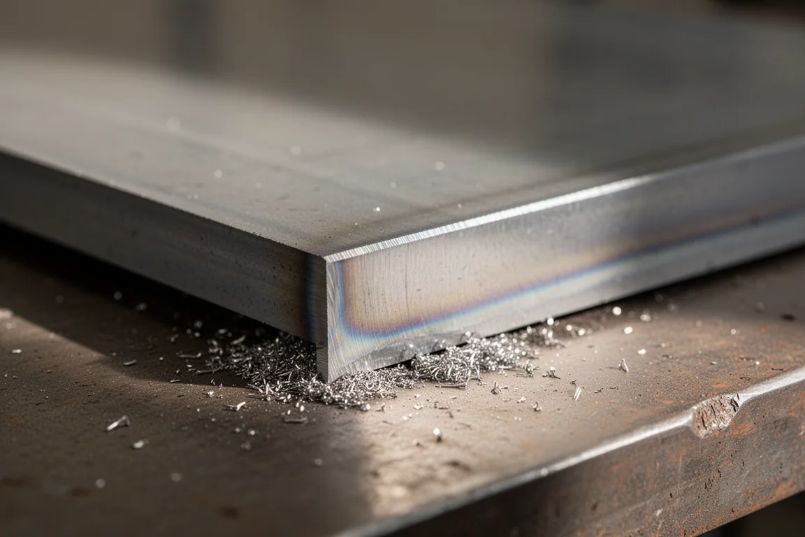 Fresh cut edge on thick steel plate with clean burr-free finish