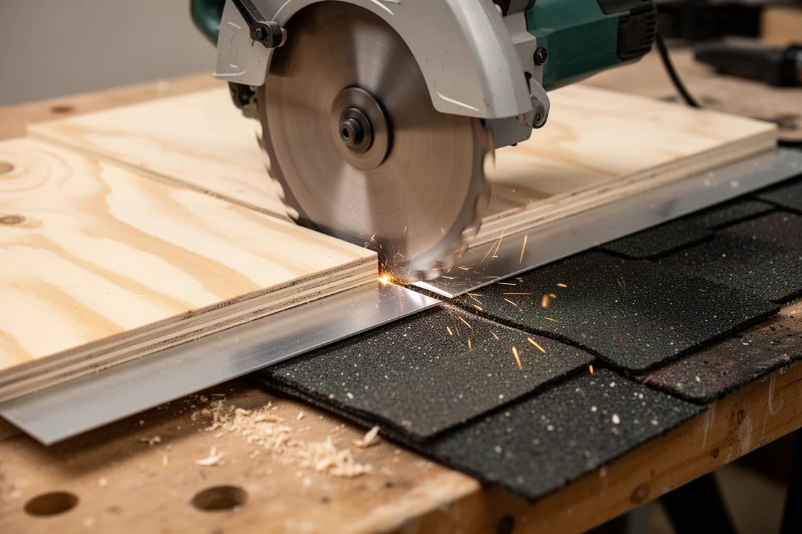 Cirkelzaagblad dat door een taai gelaagd testmateriaal snijdt, met zichtbaar vonken