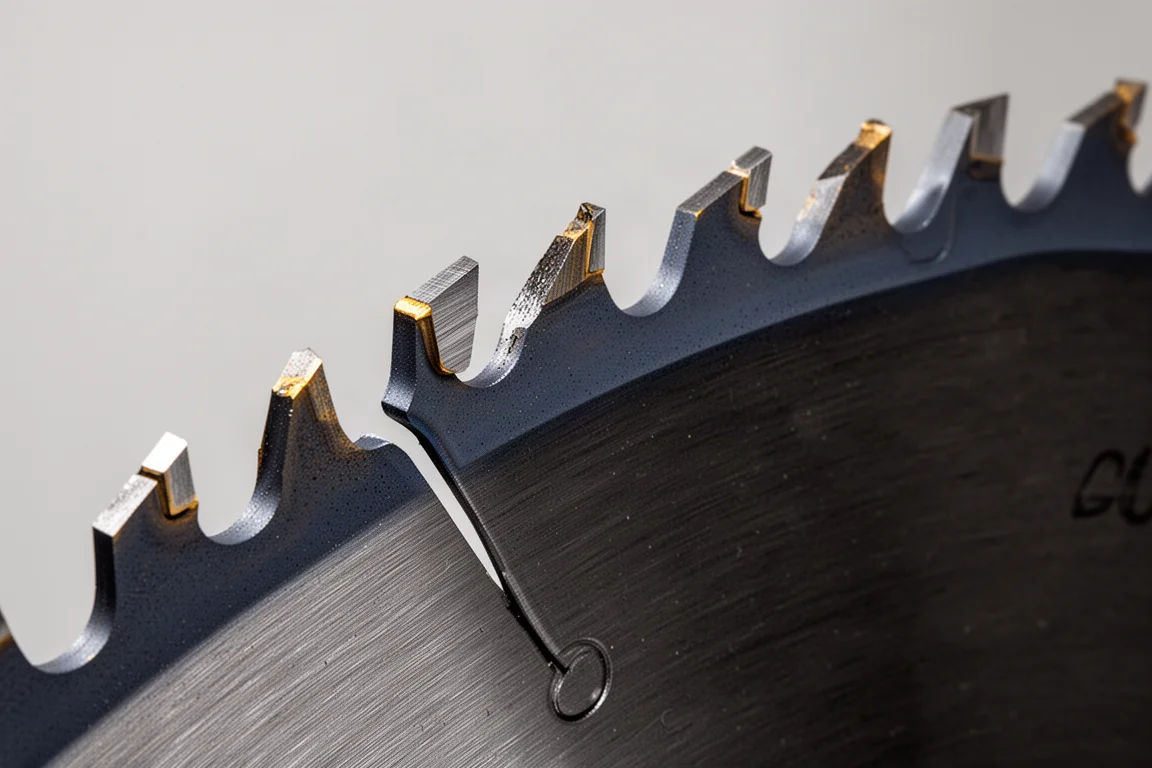 Close-up van de hardmetalen tanden en gladde coating van het framingzaagblad