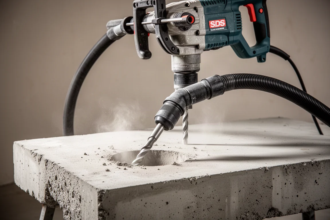 Martello demolitore SDS Max che perfora una lastra di calcestruzzo con tubo flessibile dell'aspirapolvere collegato