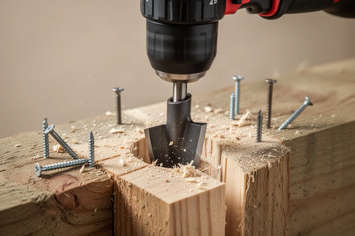 Primer plano de un taladro introduciendo una brocha plana en madera de estructura con clavos incrustados