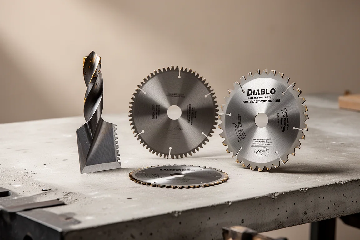Spade bit and two circular saw blades arranged on a concrete workbench
