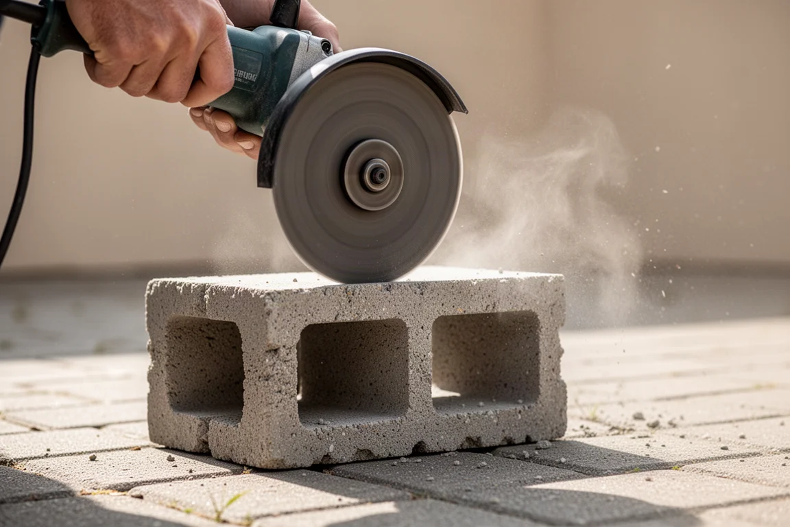 Winkelschleifer schneidet eine Kerbe in einen Betonblock im Freien