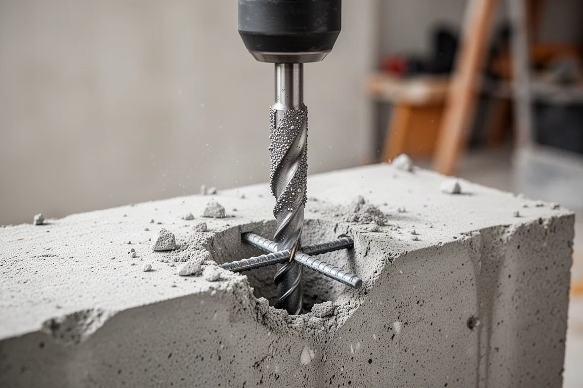 Bohrhammerbohrer bohrt sich in mit Stahlbewehrung verstärkten Beton