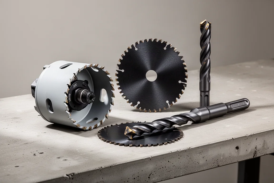 Diablo hole saw, metal cutting blade, and carbide drill bit on concrete workbench