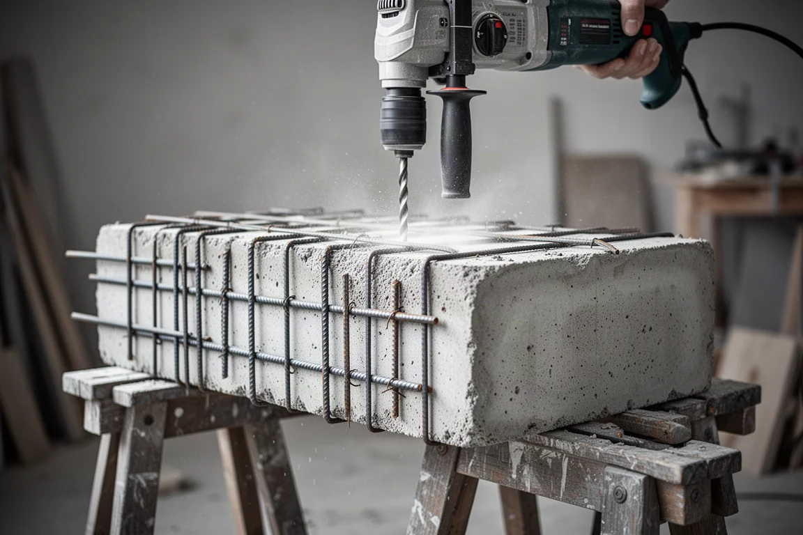 Rotatiehamer boort in een betonblok op bokken