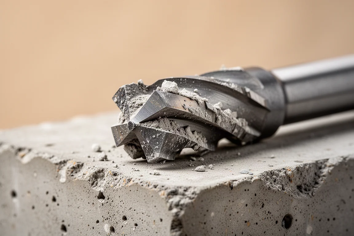 Close-up van een versleten betonboorspit na het boren in wapening