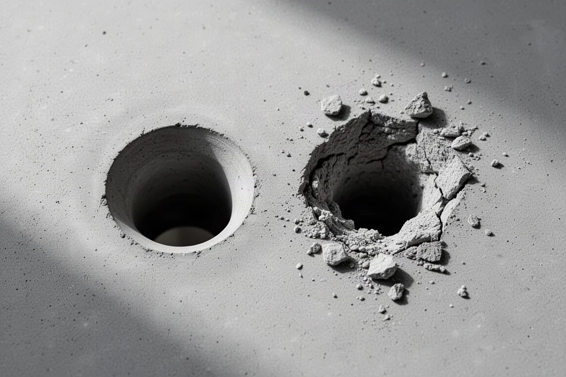 Fris schoon betongat naast een ruw beschadigd gat