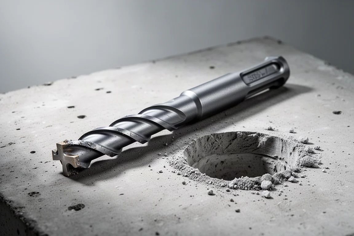 Grotere SDS Max boor rustend naast een geboord betongat