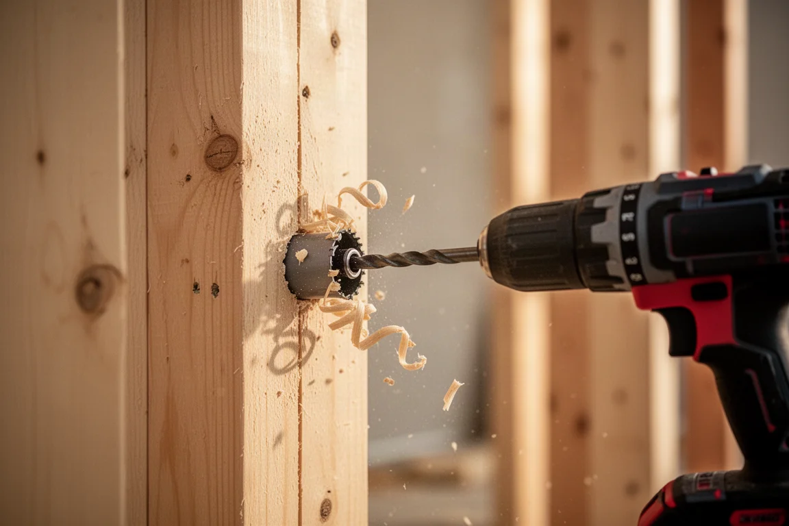 Contratista taladrando un orificio de rough-in a través de un montante de pared de madera