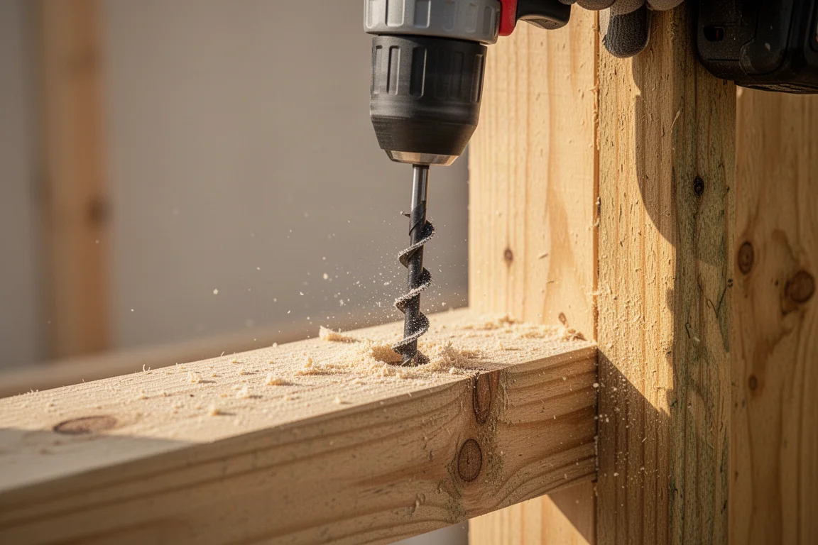 Trade worker drilling a large hole in a wooden stud with a hole saw