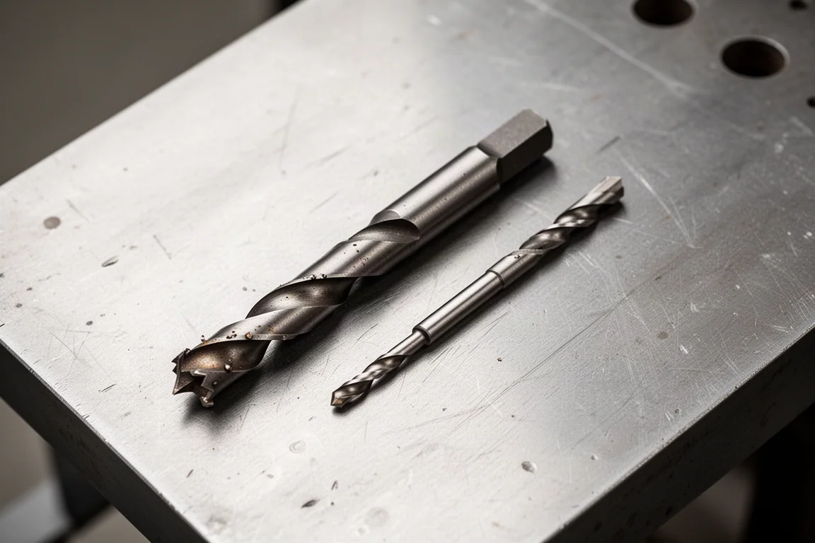 Long hole saw pilot bit next to a standard shorter bit for comparison