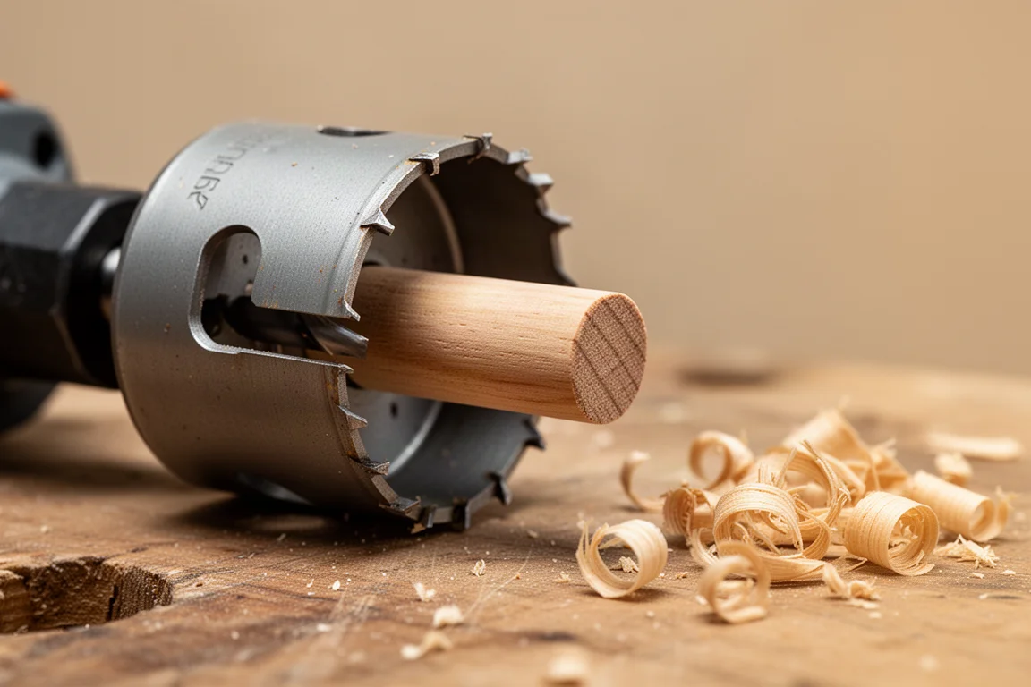 Wood plug being ejected through the side slot of a hole saw