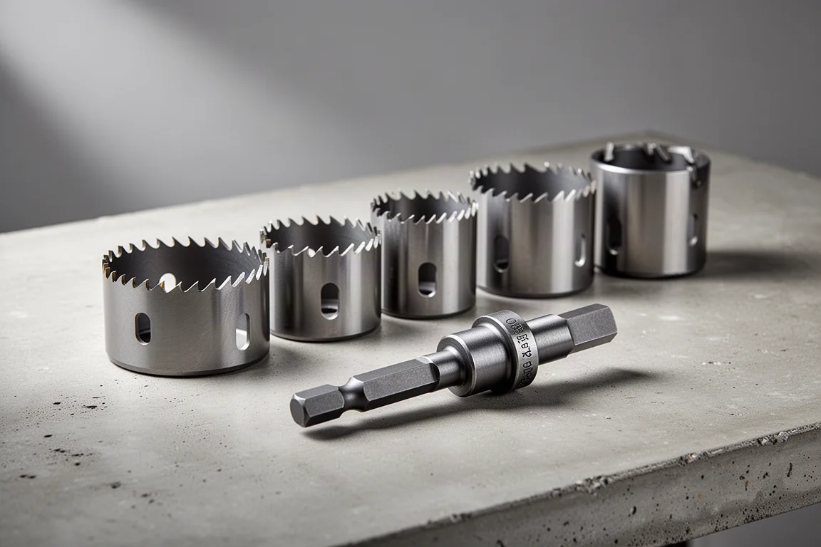Diablo SnapLock Plus hole saw cups of various sizes lined up with an SDS mandrel arbor