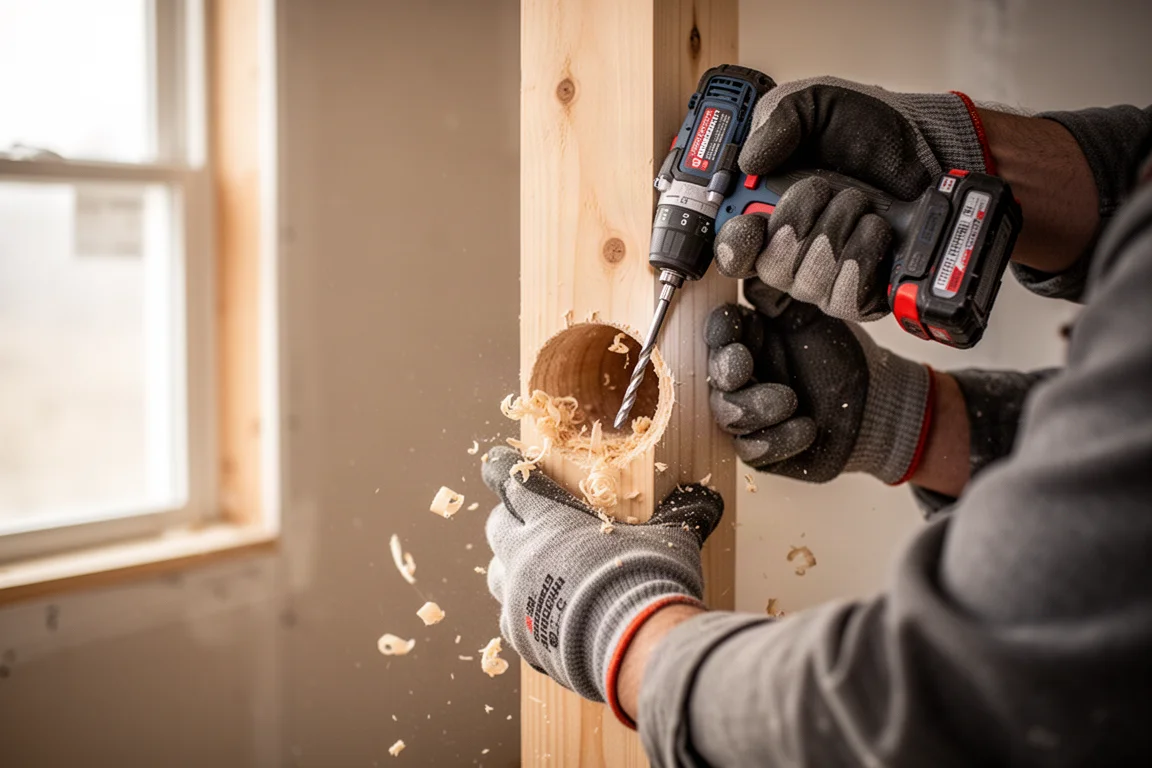 Handwerker bohrt Leitungsdurchführungen durch hölzerne Wandpfosten