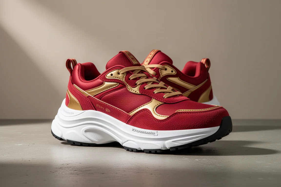 Red and gold max-cushion running shoe with thick white midsole on concrete