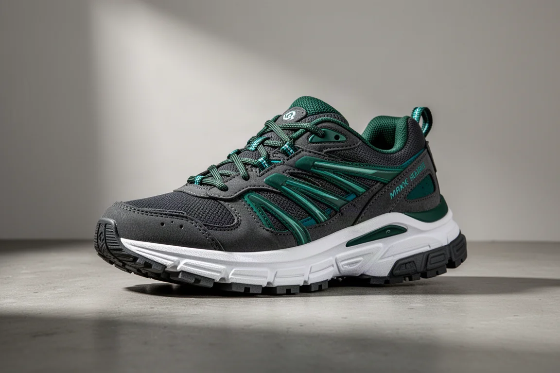 Diadora Cellula 2 running shoe in dark grey with green accents on concrete