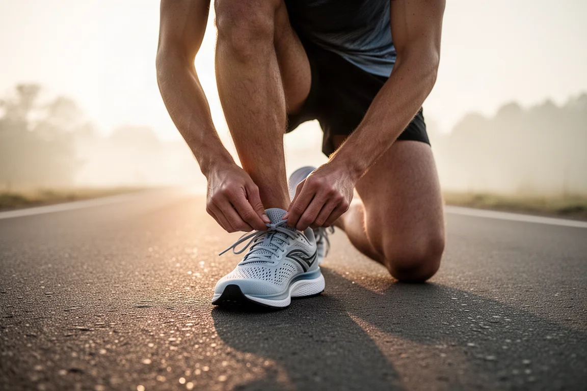 Hardloper die voor een ochtendrun de veters van een lichte neutrale trainer strikt op een verharde weg