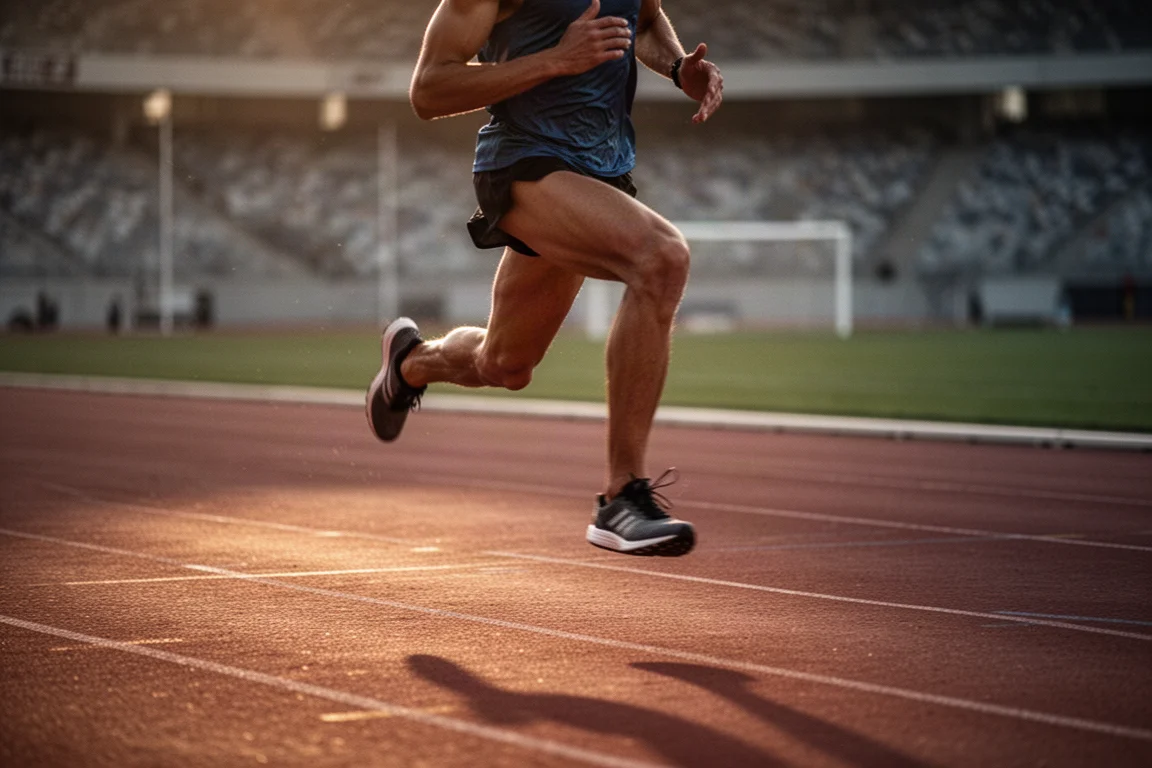 Atleet die op een rode atletiekbaan sprint onder stadionlichten