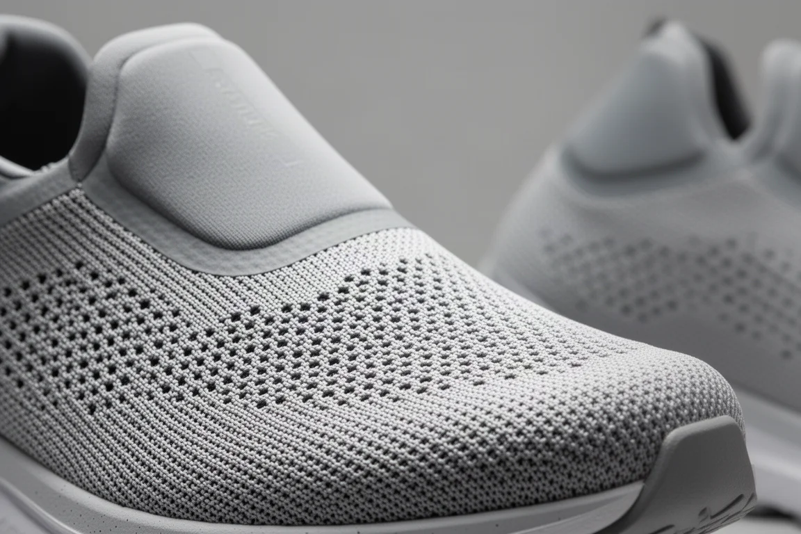 Close-up of an engineered mesh running shoe upper showing texture and toe box shape