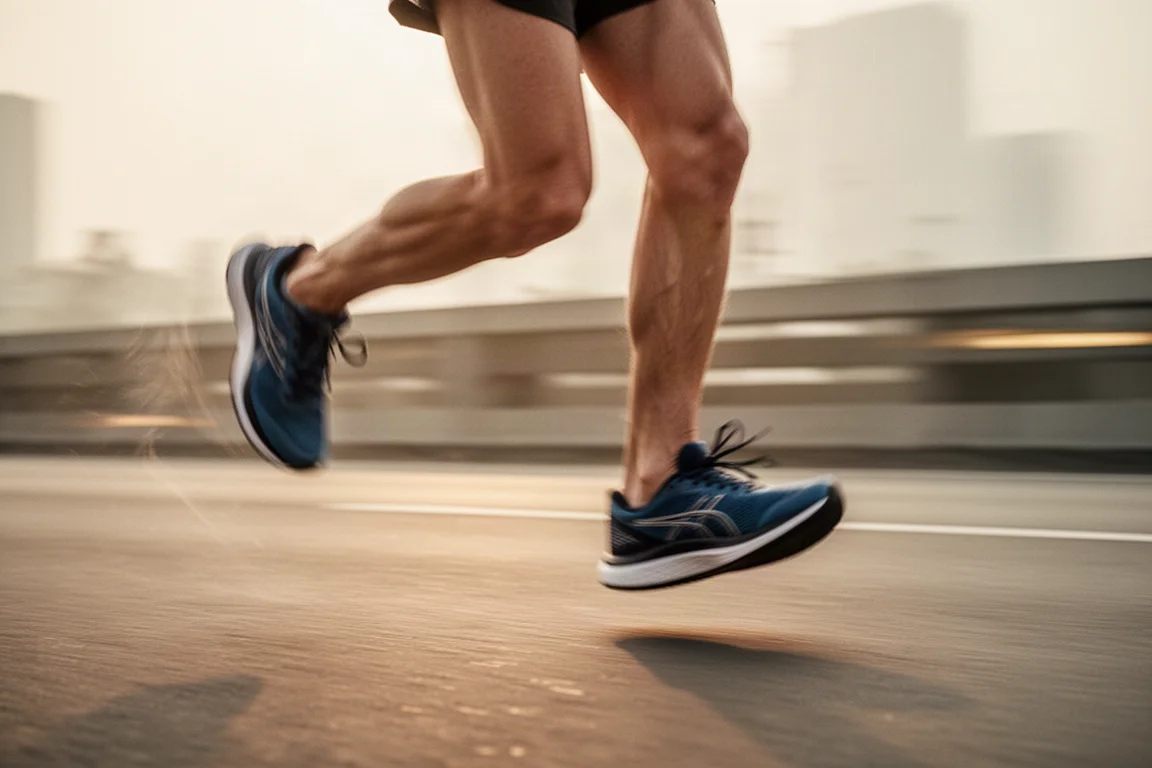 Runner in motion on an urban path at easy pace in soft morning light