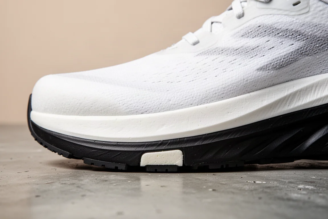 Detailed view of a thick layered midsole foam with visible outsole rubber