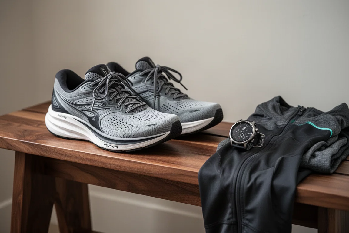 High-stack running shoes placed beside a training watch on a wooden bench