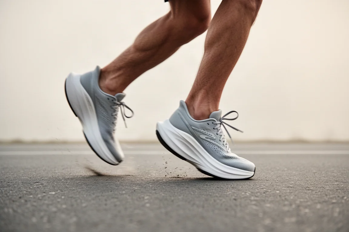 Pieds d'un coureur en pleine foulée sur un trottoir lisse, chaussé de modèles légers
