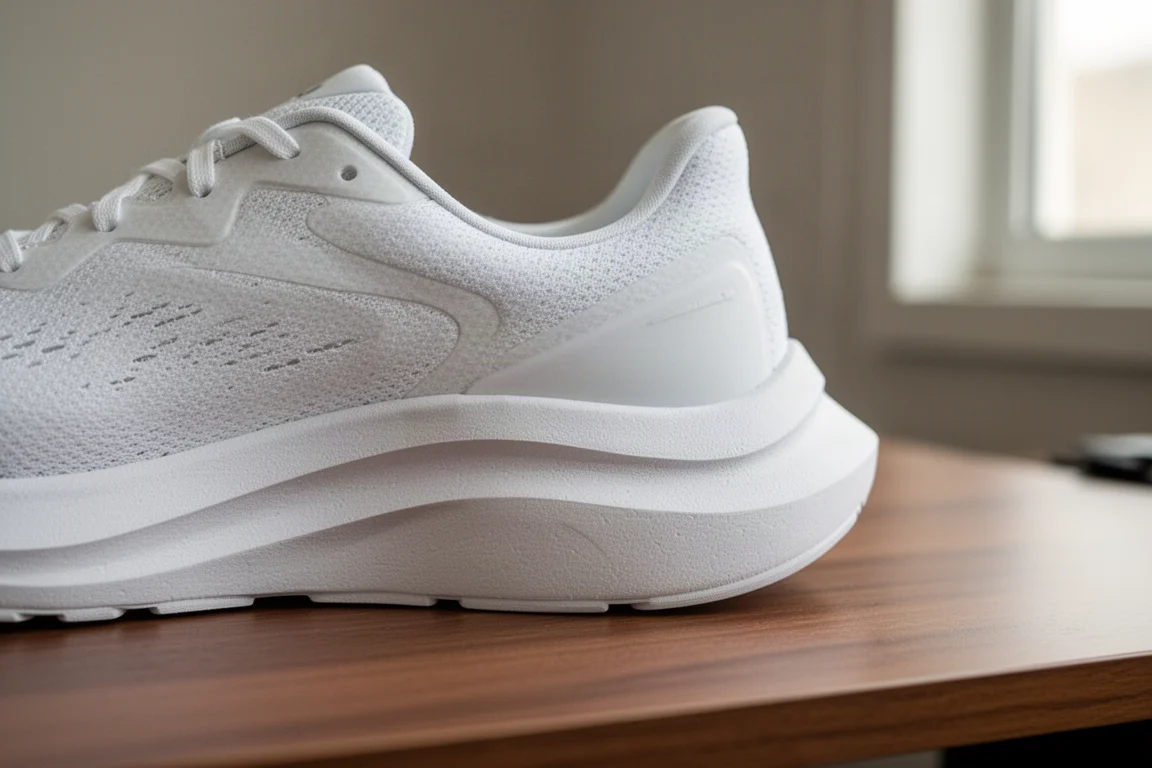 Gros plan sur une semelle intermédiaire de chaussure de running douce qui se comprime sous le poids