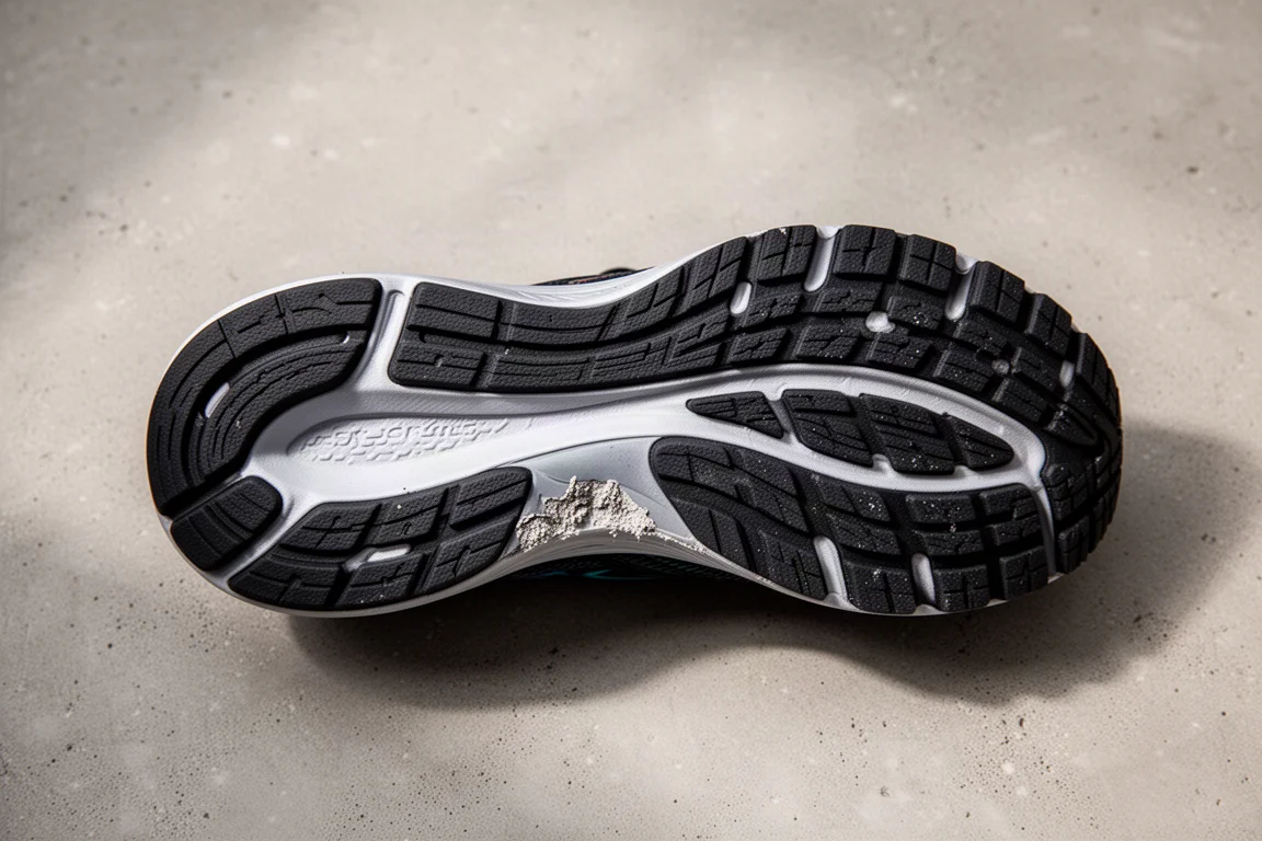 Gros plan sur la semelle extérieure d'une chaussure de running montrant une usure précoce du caoutchouc