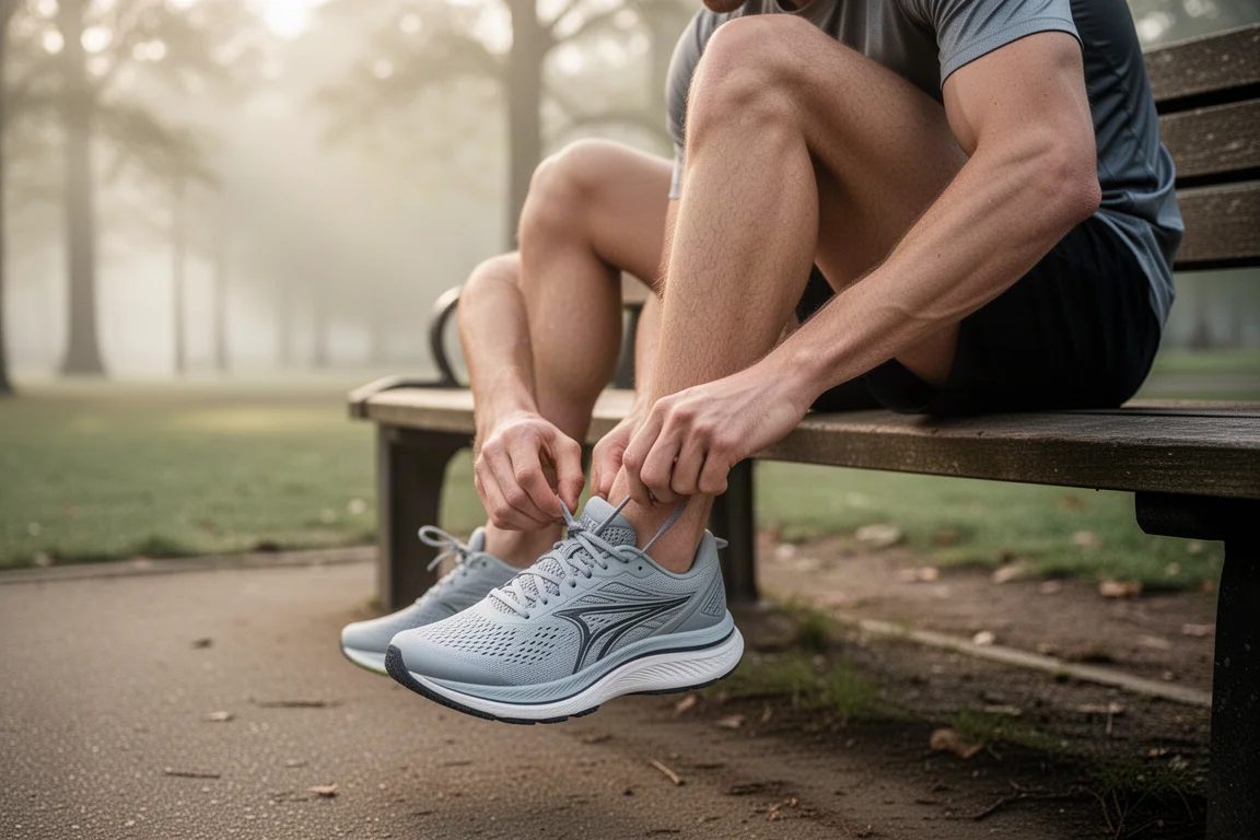 Un coureur ajustant les lacets d'une chaussure d'entraînement légère au départ d'un sentier