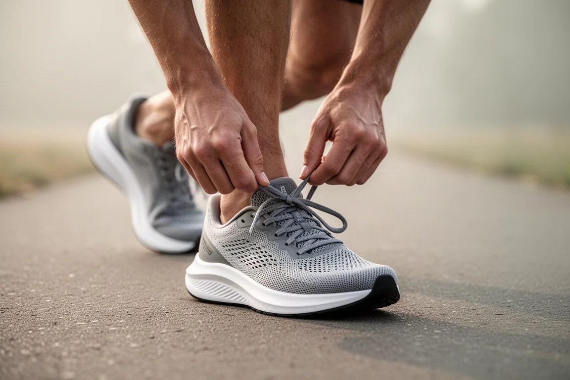 Läufer schnürt auf einem gepflasterten Weg vor einem lockeren Morgellauf einen Laufschuh
