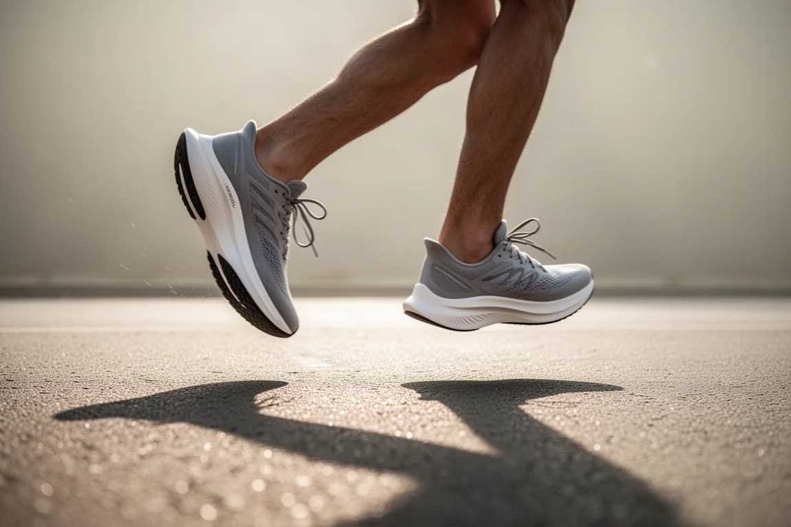 Pieds d'un coureur en pleine foulée sur de l'asphalte ensoleillé, avec des chaussures tempo légères